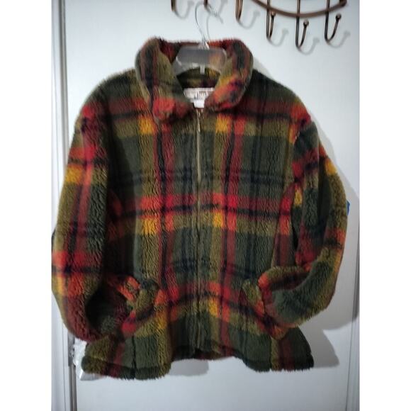 3235) Vintage Braetan Micro Velour Fleece Plaid Zip Front Berber Coat Large - Picture 7 of 11